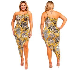 Plus Size Midi Dress Black Gold Animal Print One Shoulder by Judani